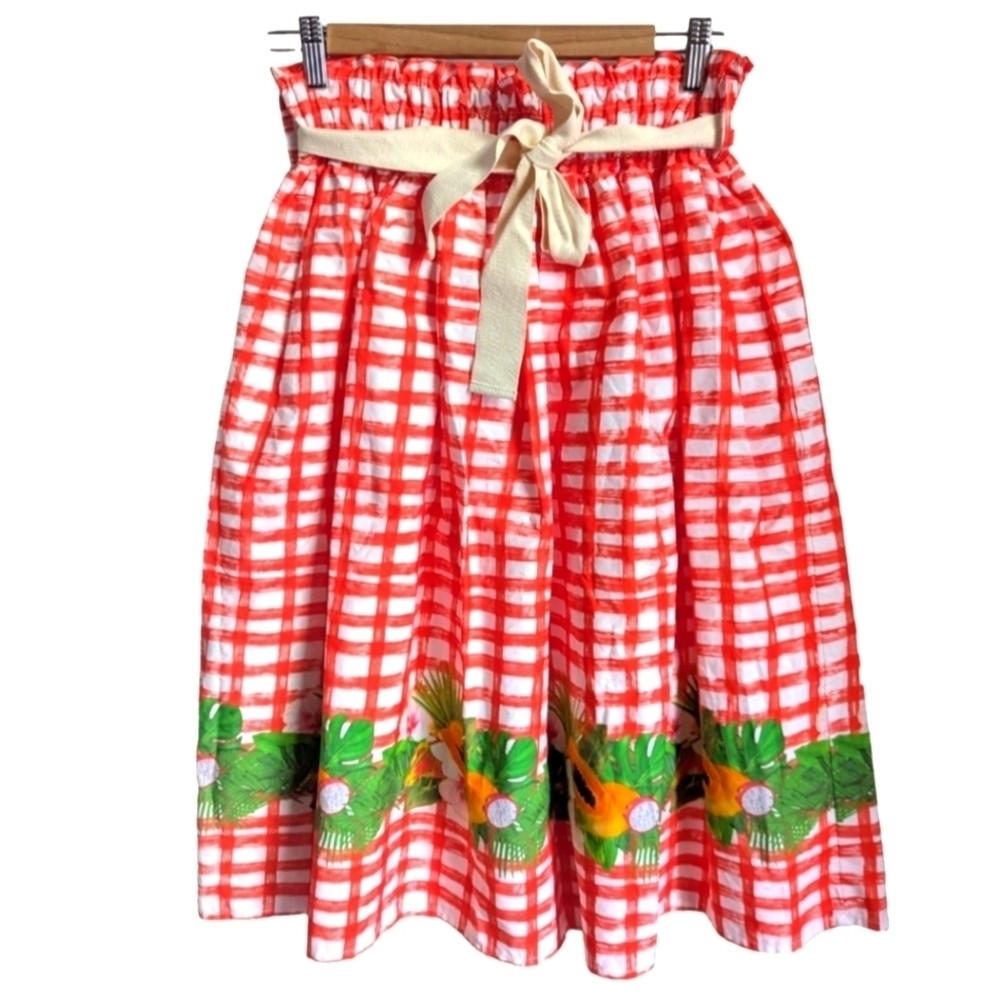 MOTEL Red Gingham & Tropical Fruits Dainty Cotron Skirt Size Small NWT